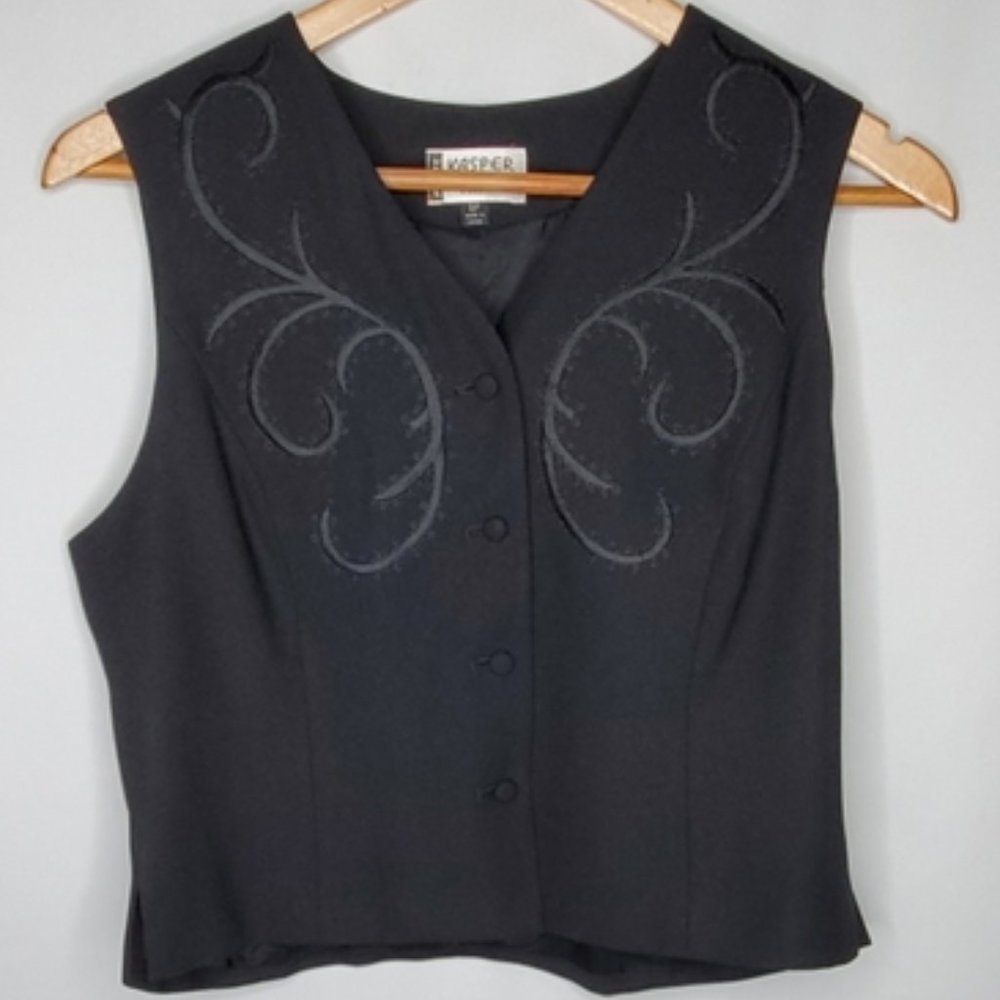 Kasper Petites Embroidered Button Front Vest Black 6P